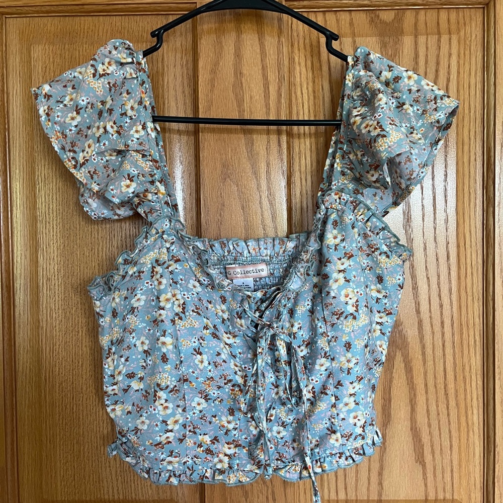 NWOT Blue Floral Tank Top with Ruffled Sleeves